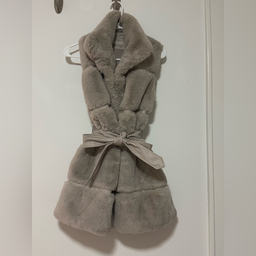 Gray Plush Hooded Vest with Tie Waist